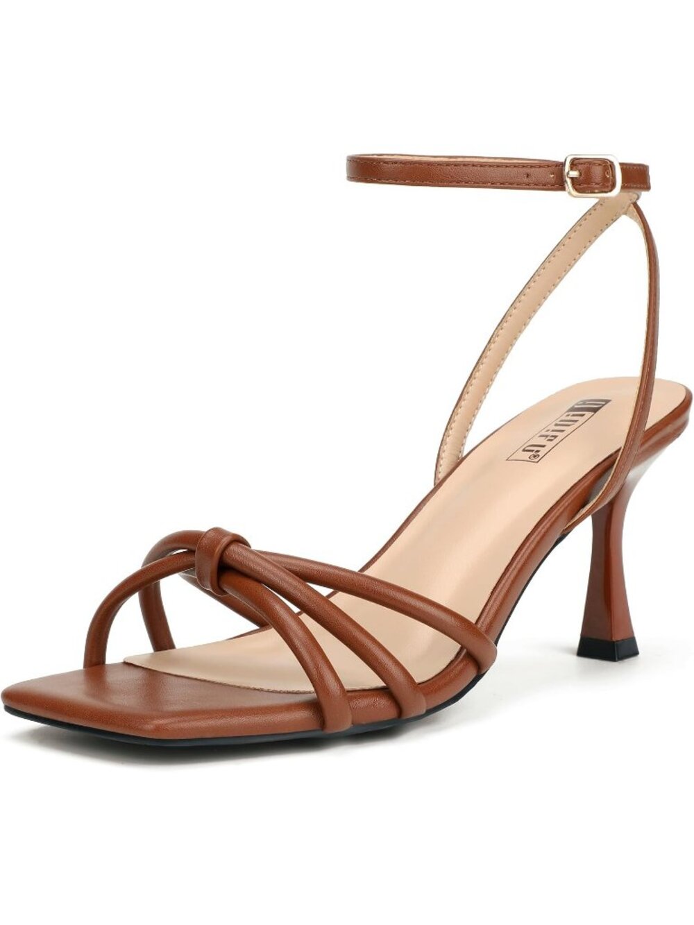 Women's Brown PU Square Open Toe Buckle Ankle Strap High Heel Comfortable Sandal